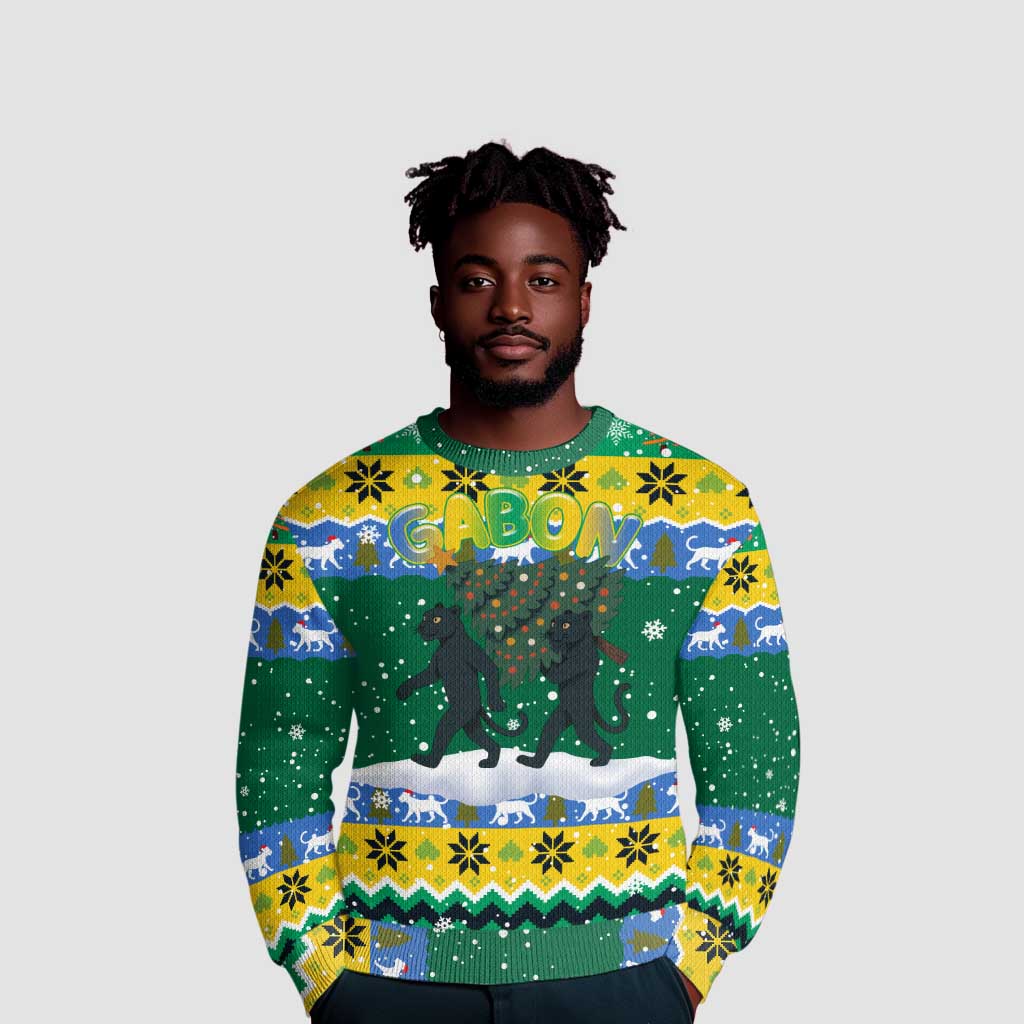 Gabon Christmas Ugly Christmas Sweater Black Panthers Carrying Tree and Snowflake - African Pride