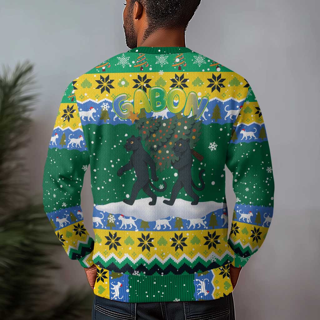 Gabon Christmas Ugly Christmas Sweater Black Panthers Carrying Tree and Snowflake - African Pride