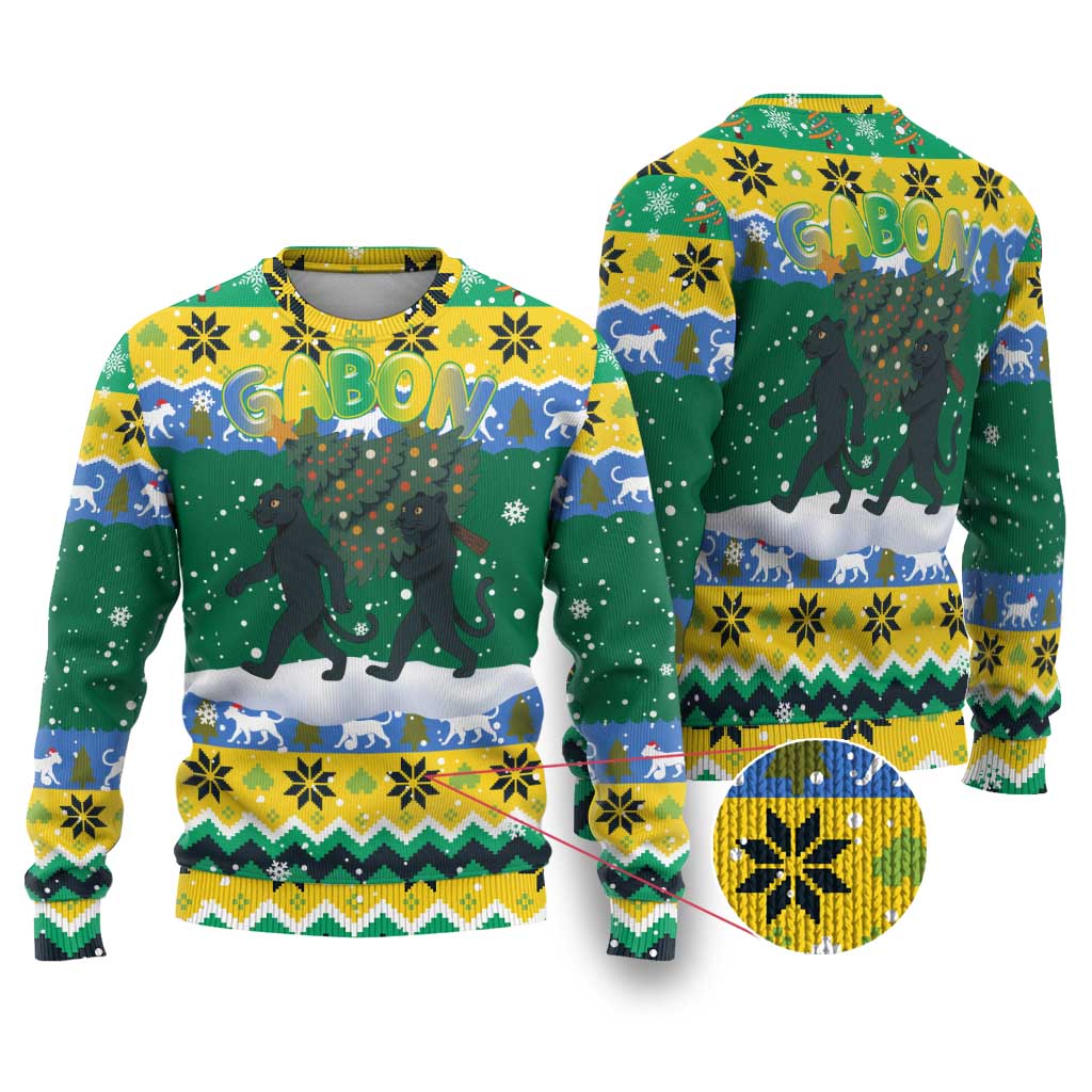 Gabon Christmas Ugly Christmas Sweater Black Panthers Carrying Tree and Snowflake - African Pride