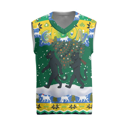 Gabon Christmas Knitted V-Neck Vest Black Panthers Carrying Tree and Snowflake - African Pride