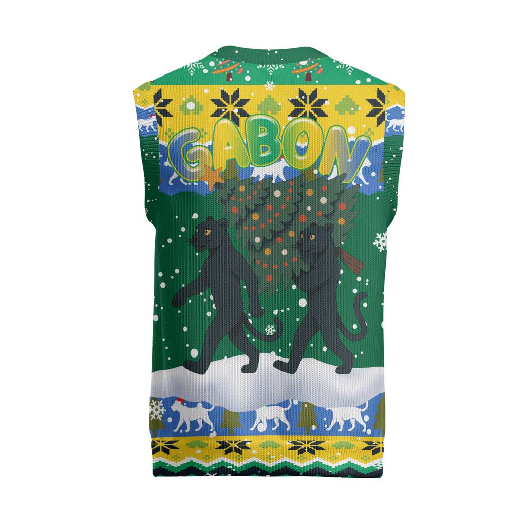 Gabon Christmas Knitted V-Neck Vest Black Panthers Carrying Tree and Snowflake - African Pride