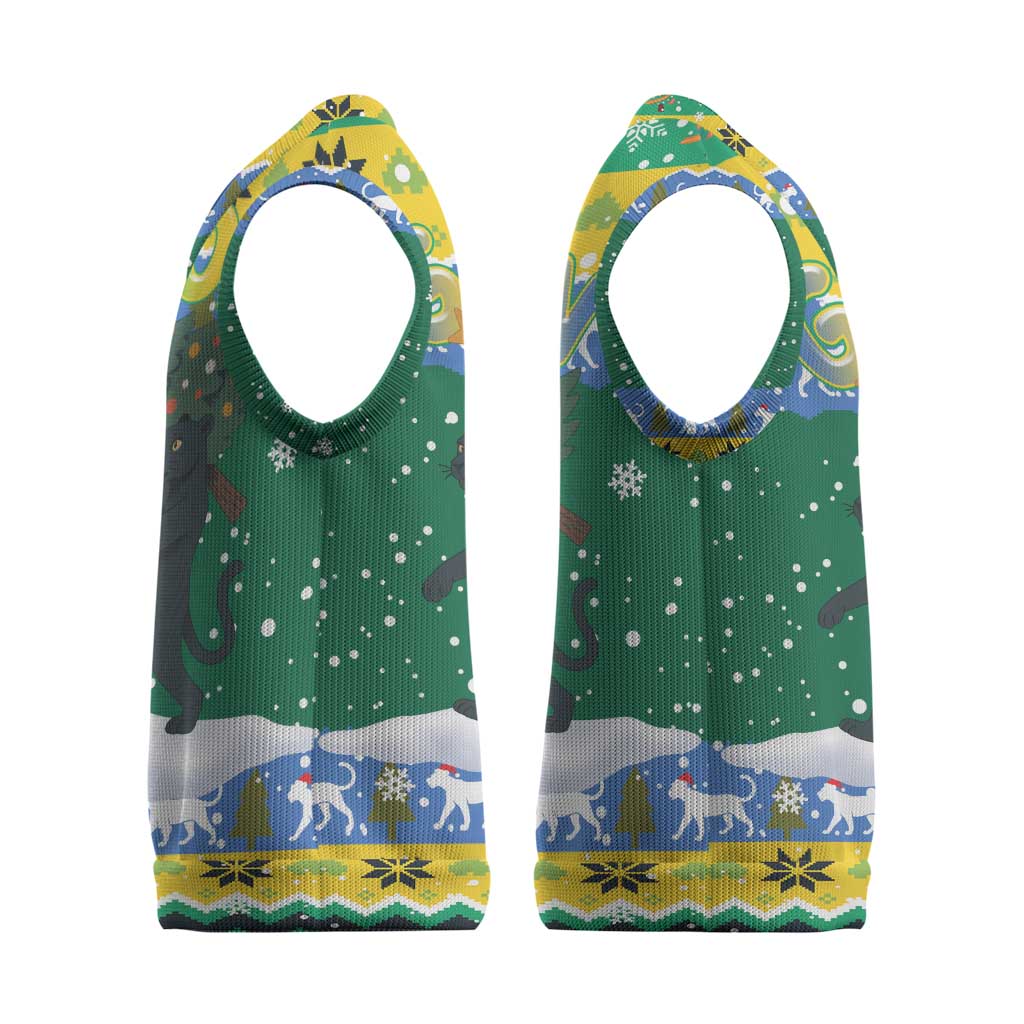 Gabon Christmas Knitted V-Neck Vest Black Panthers Carrying Tree and Snowflake - African Pride