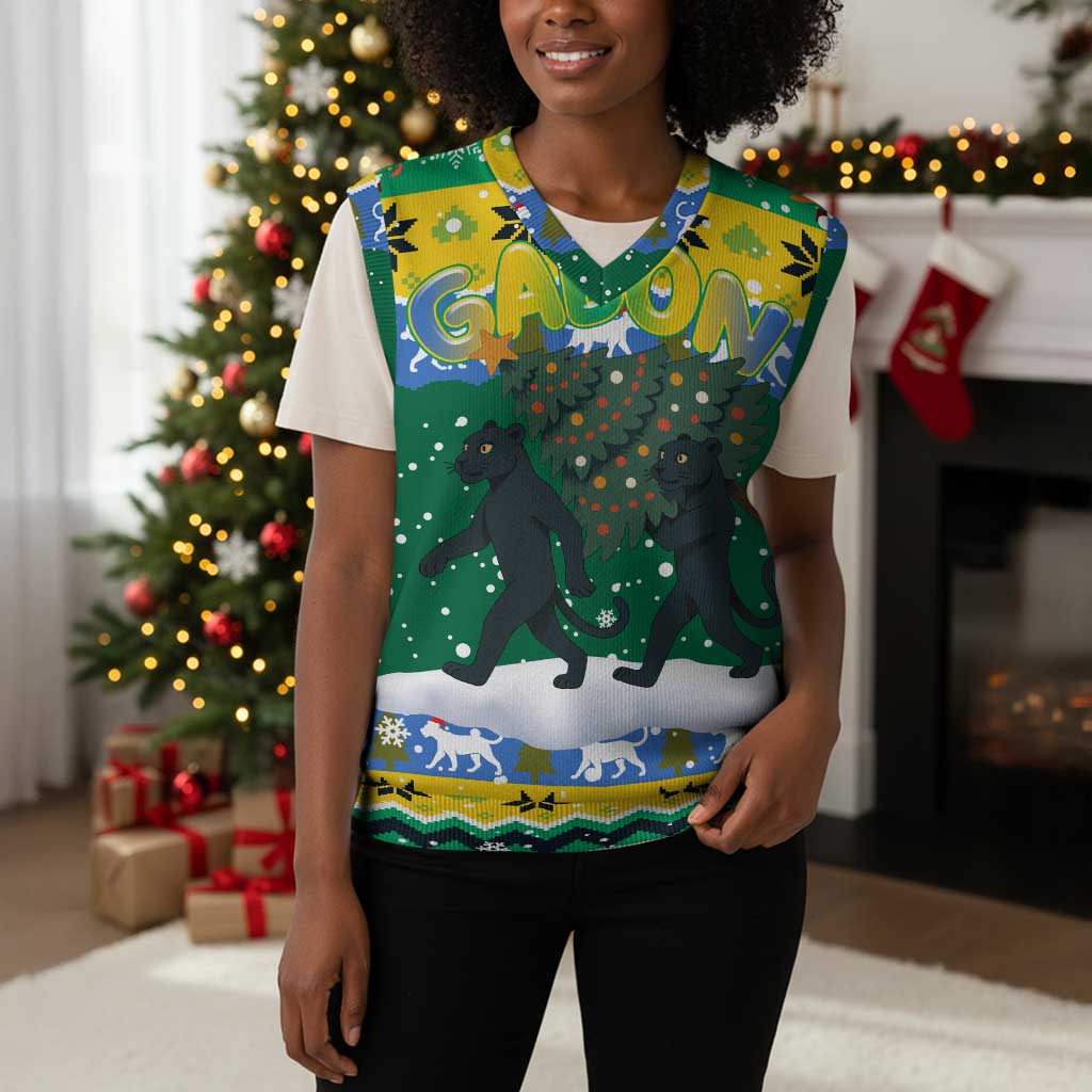Gabon Christmas Knitted V-Neck Vest Black Panthers Carrying Tree and Snowflake - African Pride
