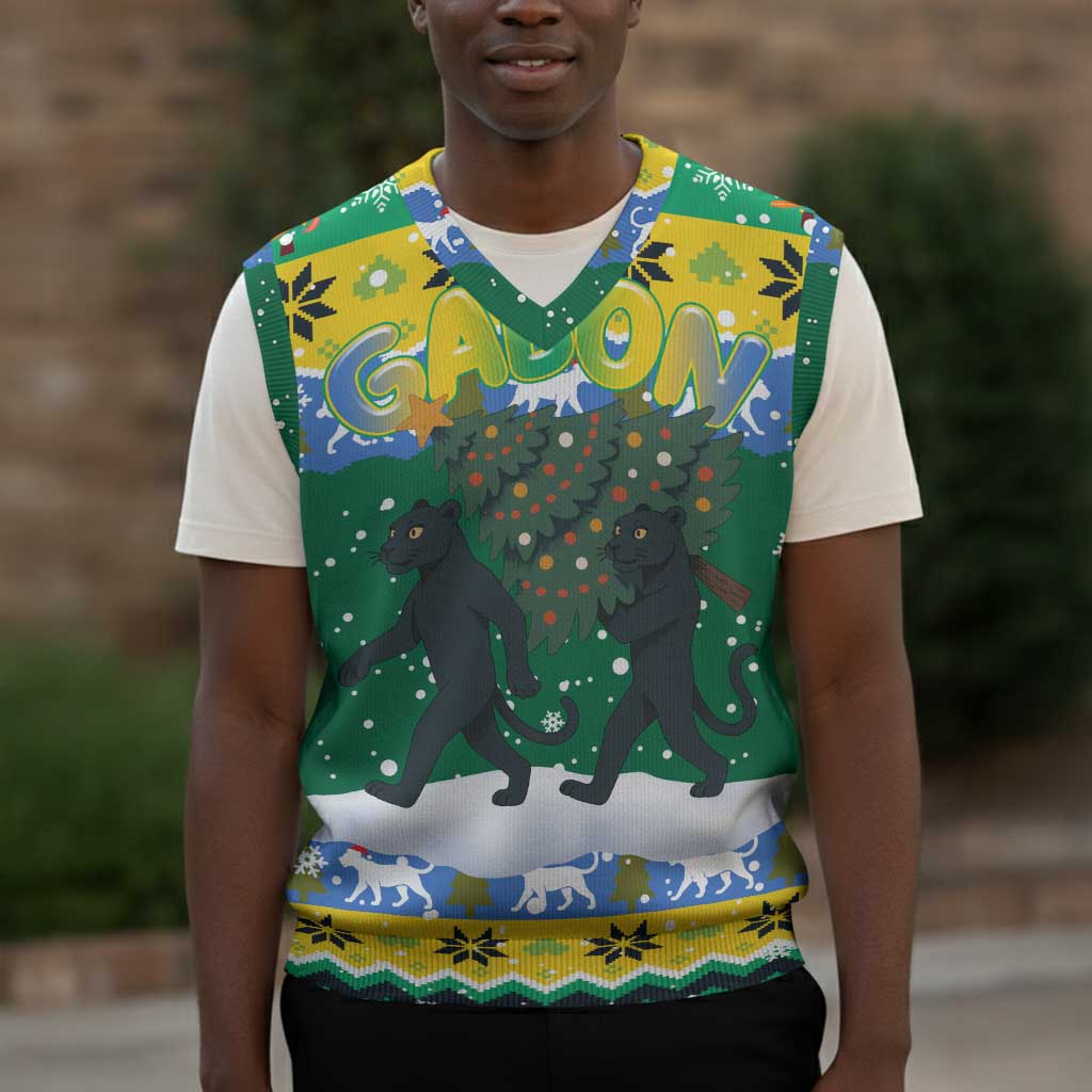 Gabon Christmas Knitted V-Neck Vest Black Panthers Carrying Tree and Snowflake - African Pride