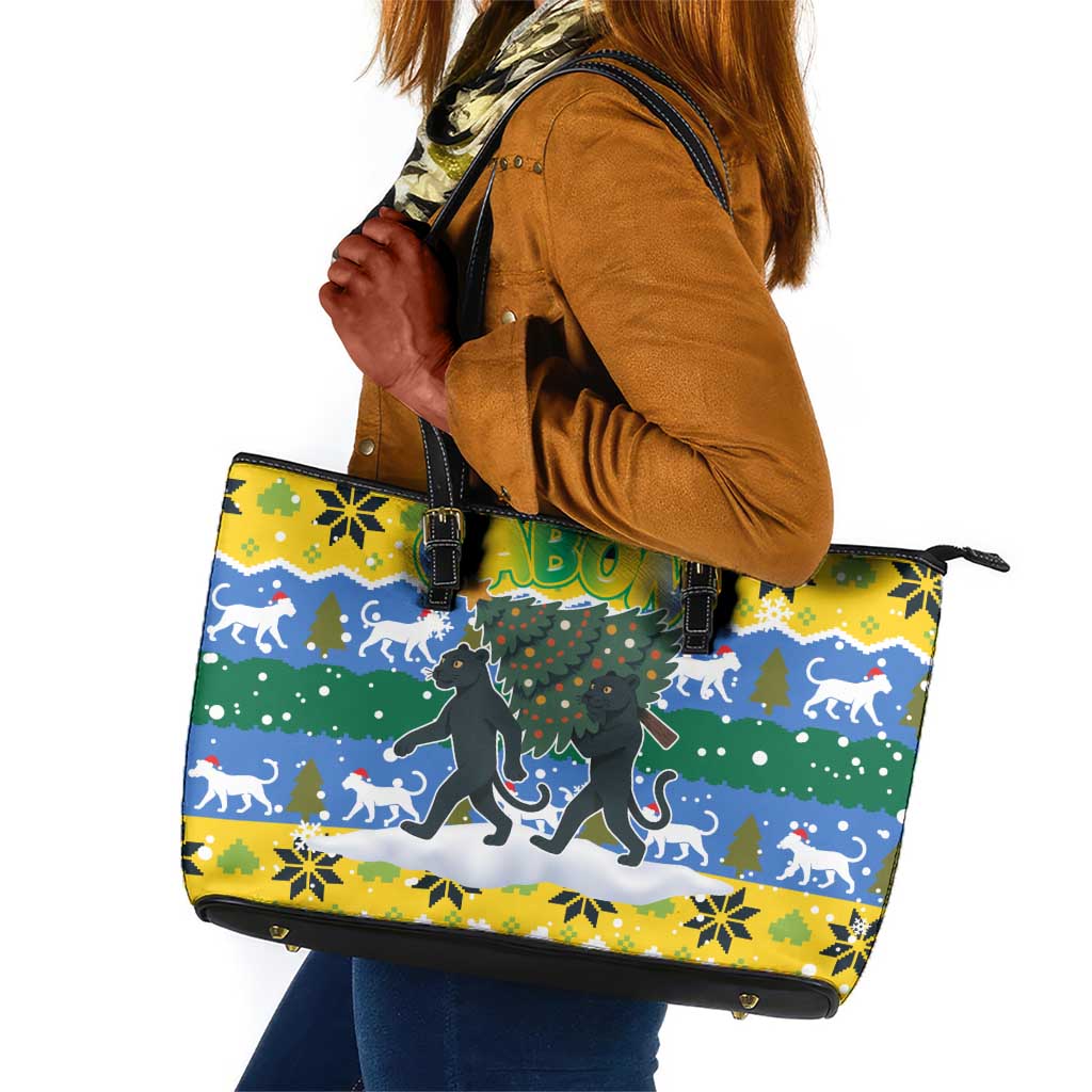 Gabon Christmas Leather Tote Bag Black Panthers Carrying Tree and Snowflake - African Pride