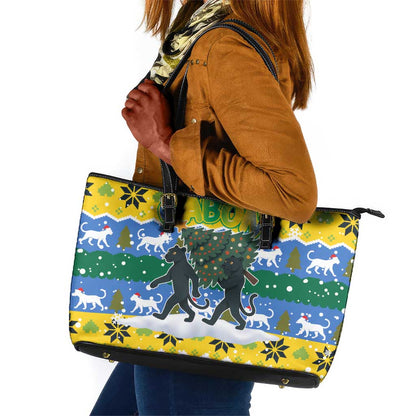 Gabon Christmas Leather Tote Bag Black Panthers Carrying Tree and Snowflake - African Pride