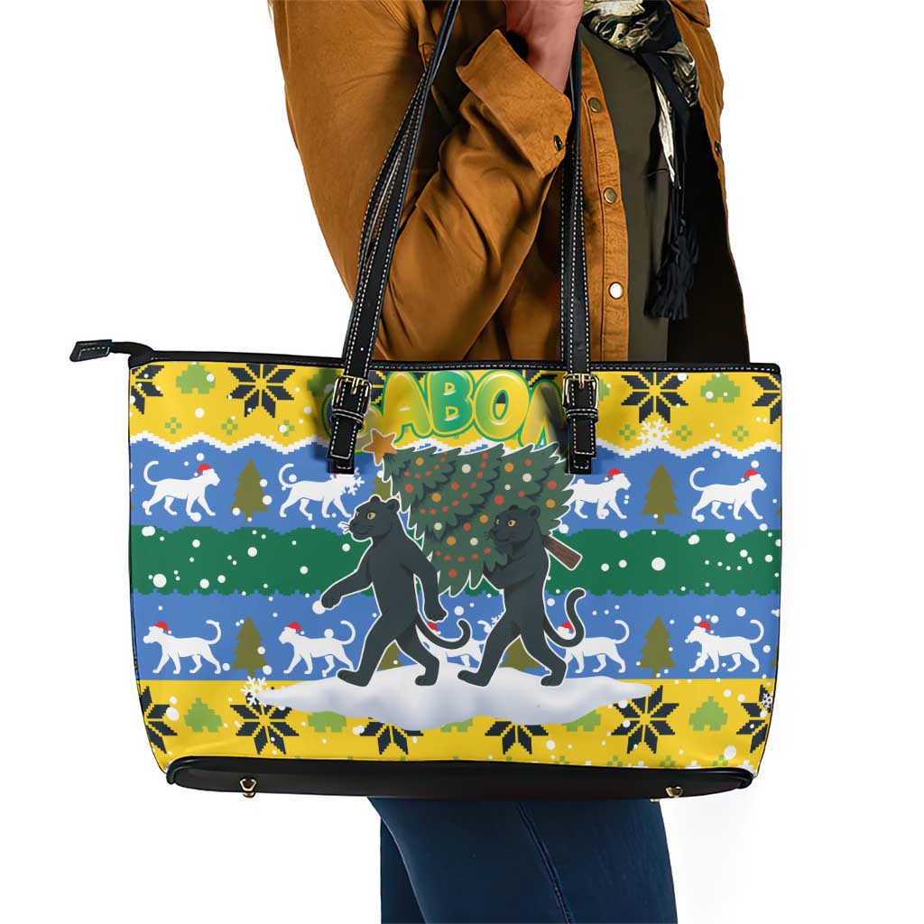 Gabon Christmas Leather Tote Bag Black Panthers Carrying Tree and Snowflake - African Pride