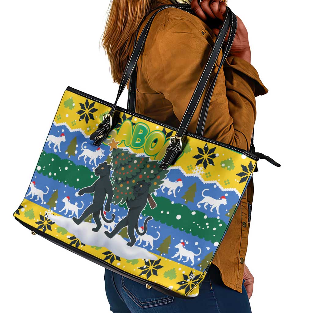 Gabon Christmas Leather Tote Bag Black Panthers Carrying Tree and Snowflake - African Pride