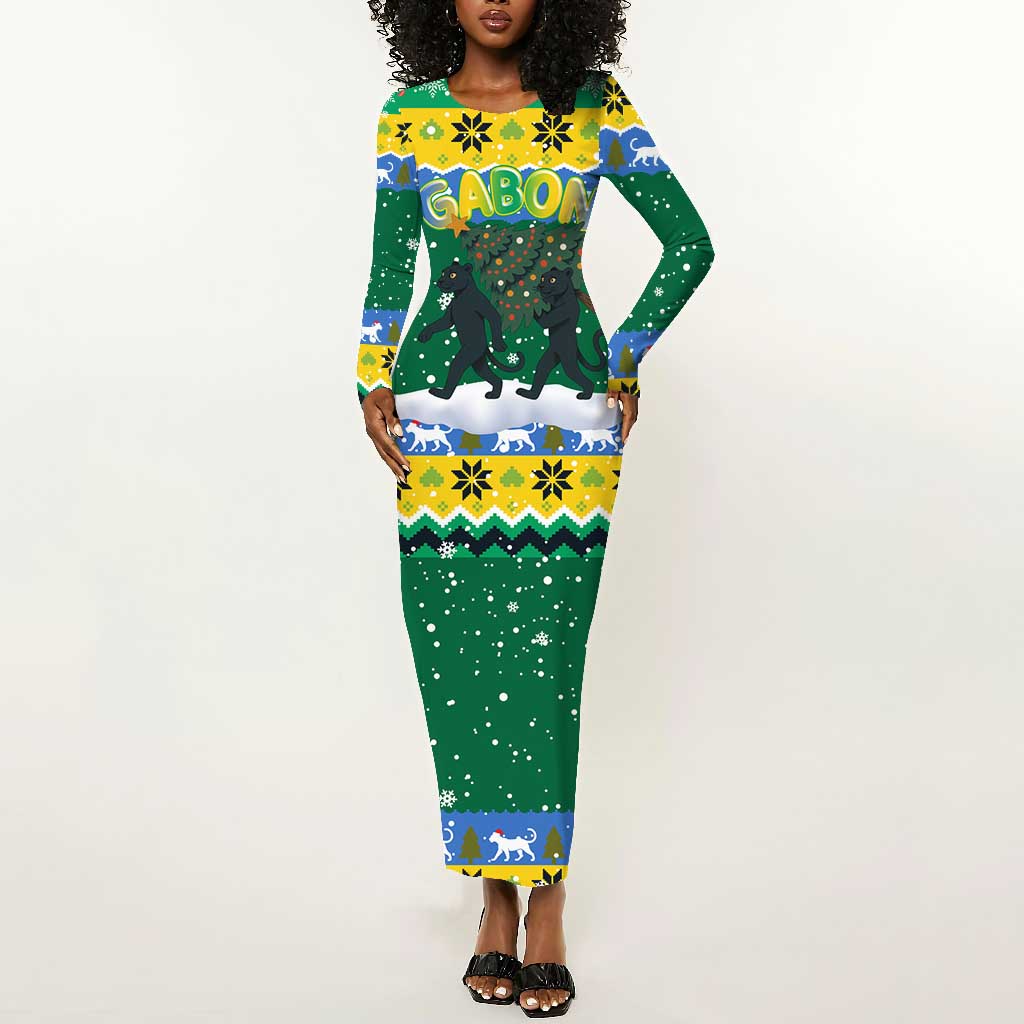 Gabon Christmas Long Sleeve Bodycon Dress Black Panthers Carrying Tree and Snowflake - African Pride