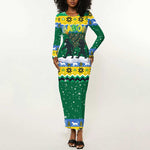 Gabon Christmas Long Sleeve Bodycon Dress Black Panthers Carrying Tree and Snowflake - African Pride