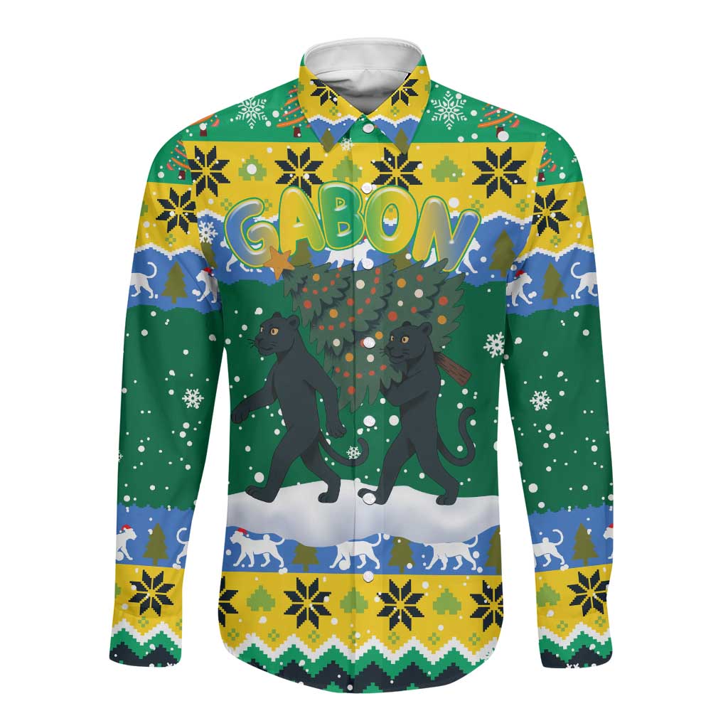 Gabon Christmas Long Sleeve Button Shirt Black Panthers Carrying Tree and Snowflake - African Pride