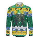 Gabon Christmas Long Sleeve Button Shirt Black Panthers Carrying Tree and Snowflake - African Pride