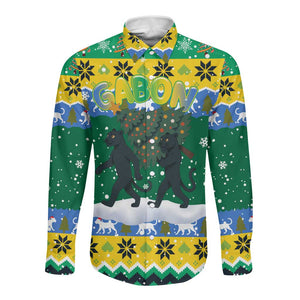 Gabon Christmas Long Sleeve Button Shirt Black Panthers Carrying Tree and Snowflake - African Pride