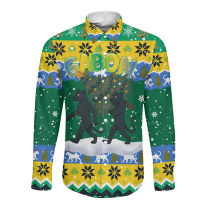 Gabon Christmas Long Sleeve Button Shirt Black Panthers Carrying Tree and Snowflake - African Pride