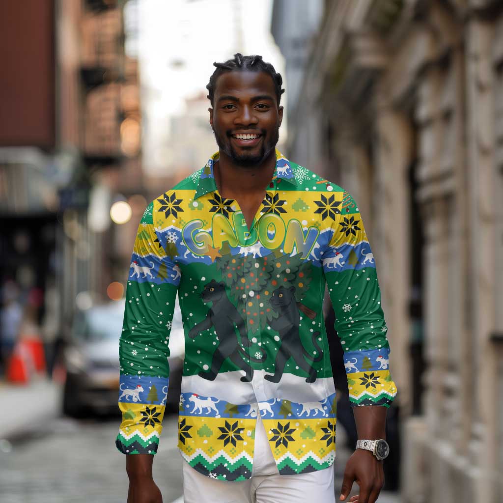 Gabon Christmas Long Sleeve Button Shirt Black Panthers Carrying Tree and Snowflake - African Pride