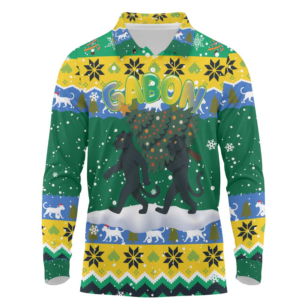 Gabon Christmas Long Sleeve Polo Shirt Black Panthers Carrying Tree and Snowflake - African Pride