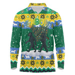 Gabon Christmas Long Sleeve Polo Shirt Black Panthers Carrying Tree and Snowflake - African Pride