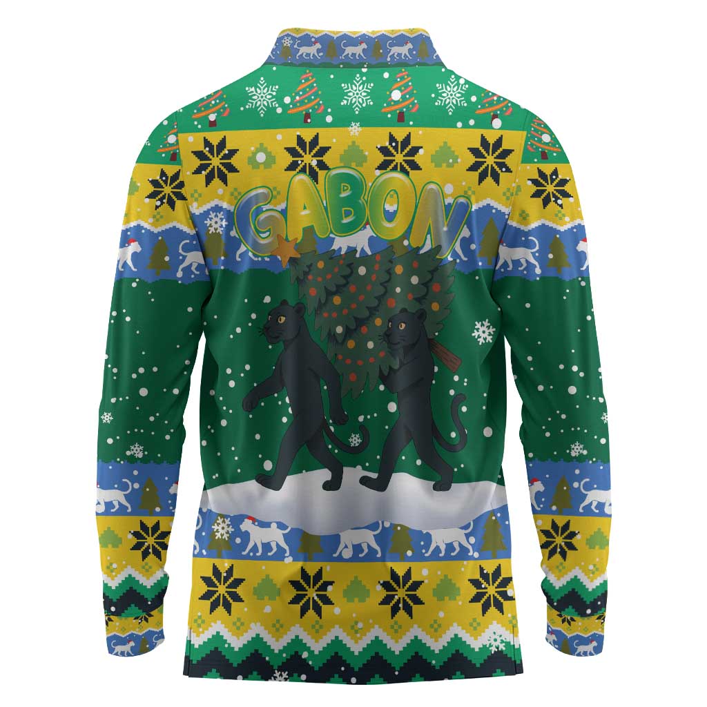 Gabon Christmas Long Sleeve Polo Shirt Black Panthers Carrying Tree and Snowflake - African Pride