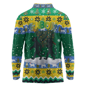 Gabon Christmas Long Sleeve Polo Shirt Black Panthers Carrying Tree and Snowflake - African Pride