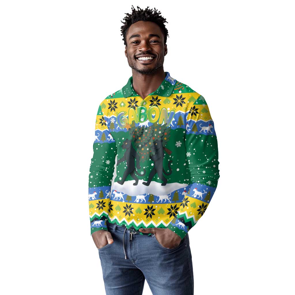 Gabon Christmas Long Sleeve Polo Shirt Black Panthers Carrying Tree and Snowflake - African Pride