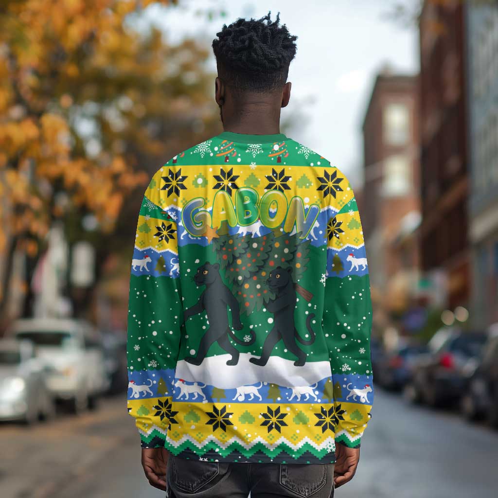 Gabon Christmas Long Sleeve Shirt Black Panthers Carrying Tree and Snowflake - African Pride