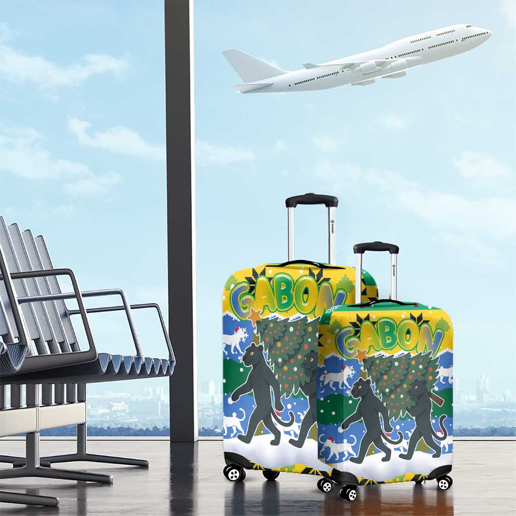 Gabon Christmas Luggage Cover Black Panthers Carrying Tree and Snowflake - African Pride