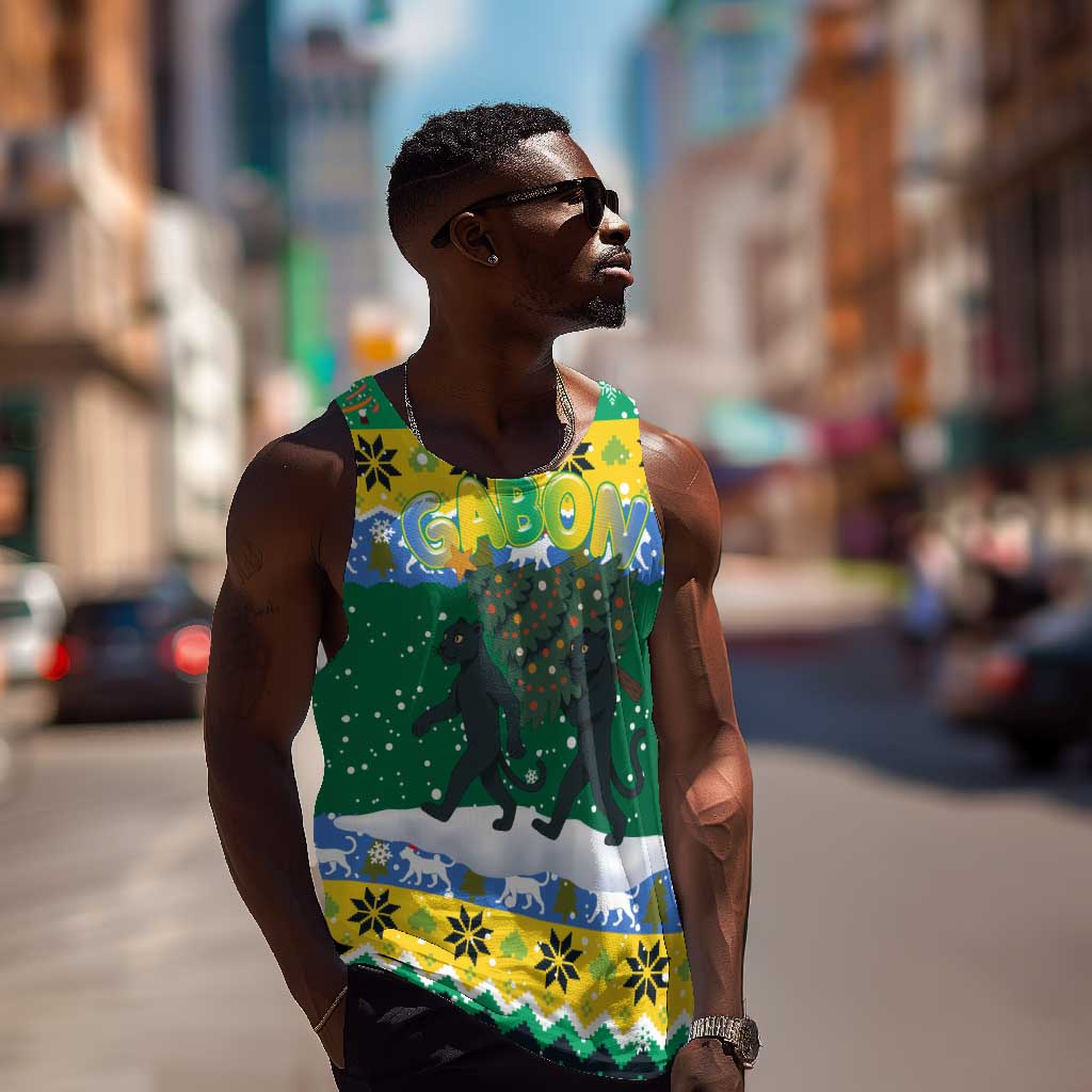 Gabon Christmas Men Tank Top Black Panthers Carrying Tree and Snowflake - African Pride