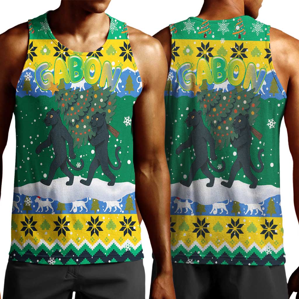 Gabon Christmas Men Tank Top Black Panthers Carrying Tree and Snowflake - African Pride