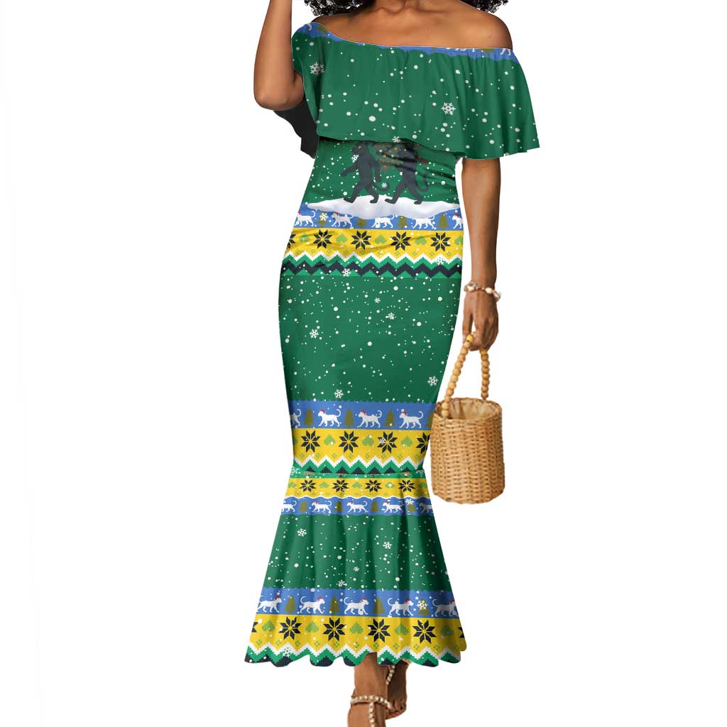 Gabon Christmas Mermaid Dress Black Panthers Carrying Tree and Snowflake - African Pride