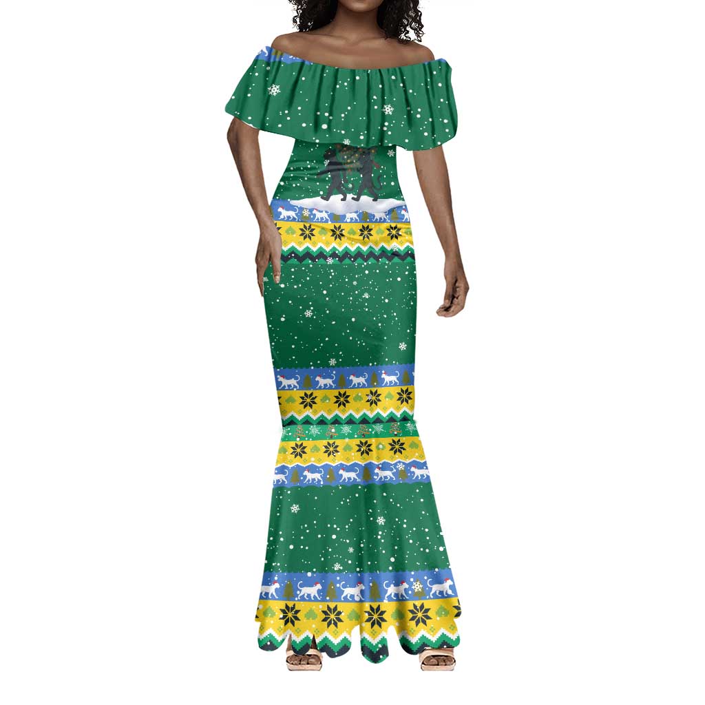 Gabon Christmas Mermaid Dress Black Panthers Carrying Tree and Snowflake - African Pride