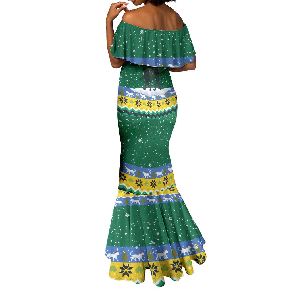 Gabon Christmas Mermaid Dress Black Panthers Carrying Tree and Snowflake - African Pride