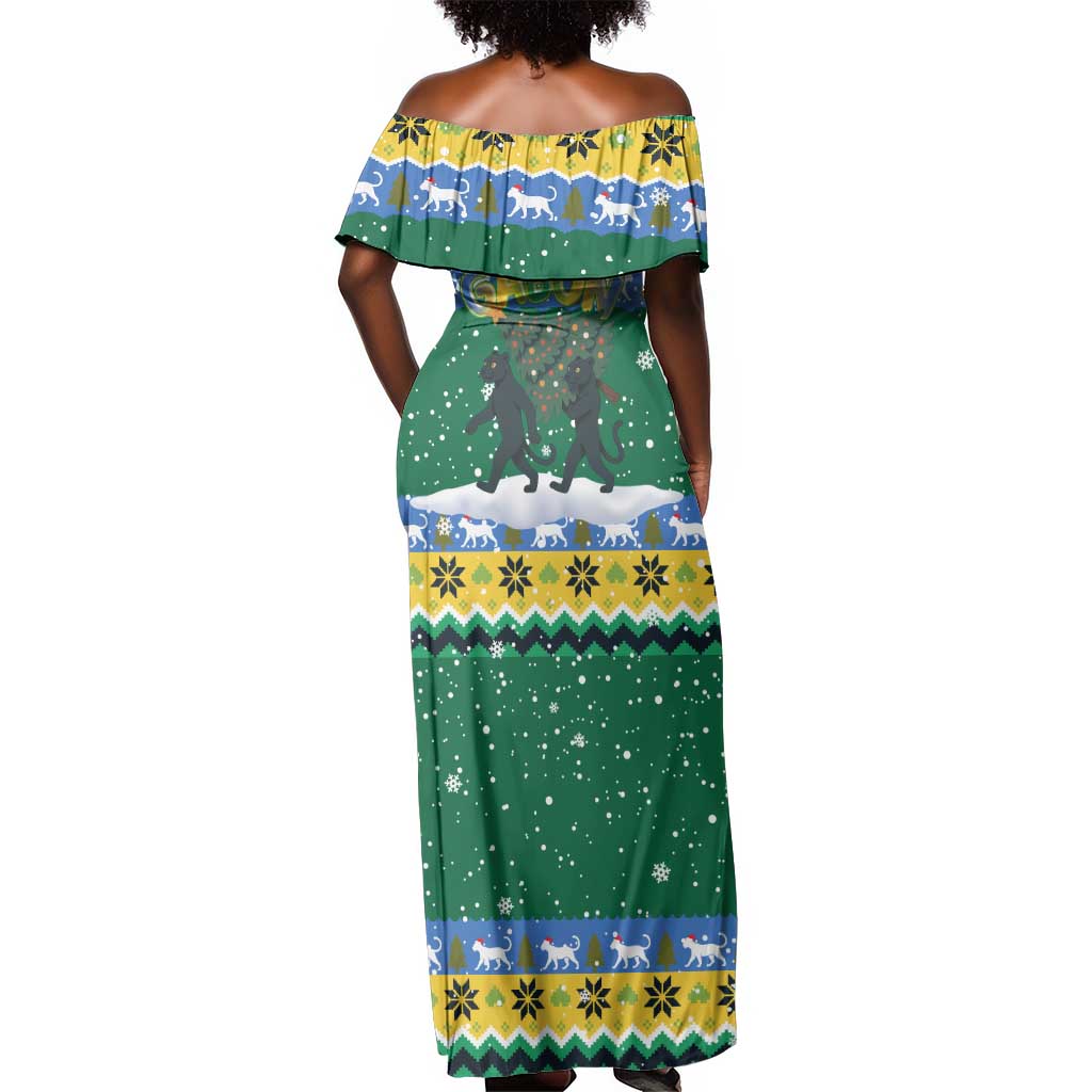 Gabon Christmas Off Shoulder Maxi Dress Black Panthers Carrying Tree and Snowflake - African Pride