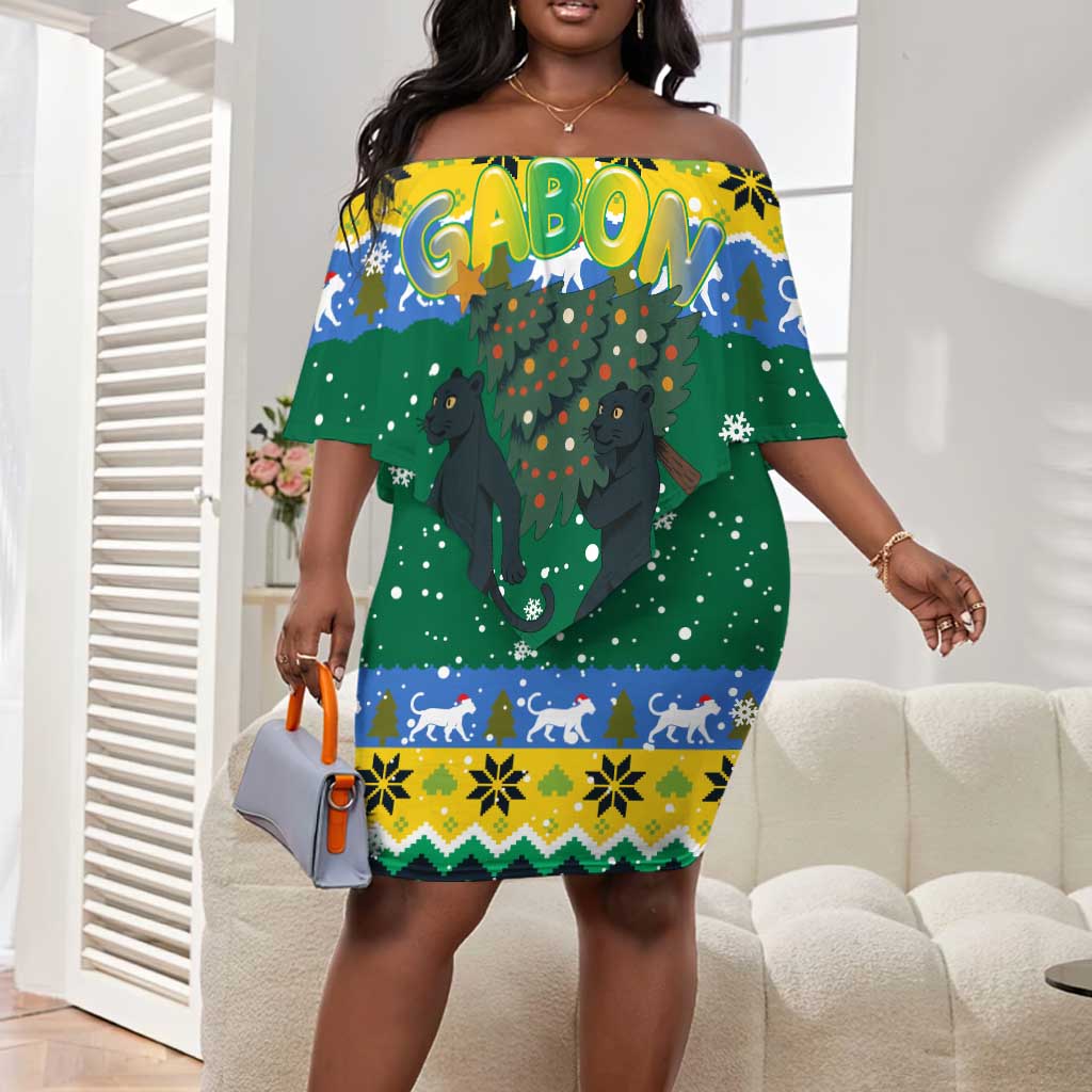 Gabon Christmas Off Shoulder Short Dress Black Panthers Carrying Tree and Snowflake - African Pride