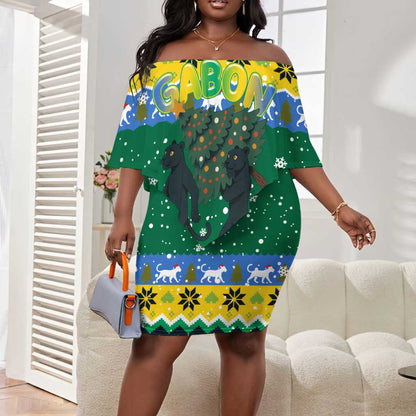 Gabon Christmas Off Shoulder Short Dress Black Panthers Carrying Tree and Snowflake - African Pride