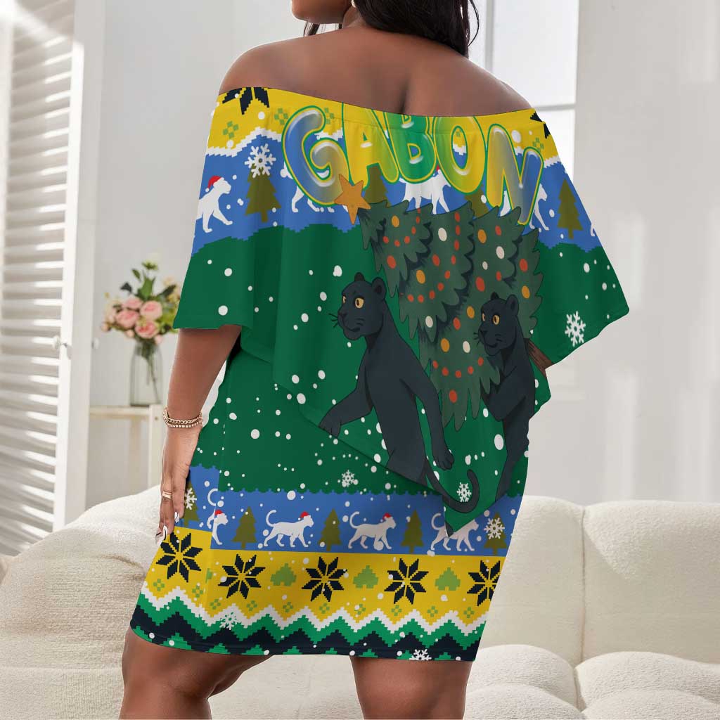 Gabon Christmas Off Shoulder Short Dress Black Panthers Carrying Tree and Snowflake - African Pride