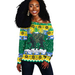 Gabon Christmas Off Shoulder Sweater Black Panthers Carrying Tree and Snowflake - African Pride