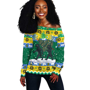 Gabon Christmas Off Shoulder Sweater Black Panthers Carrying Tree and Snowflake - African Pride
