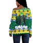 Gabon Christmas Off Shoulder Sweater Black Panthers Carrying Tree and Snowflake - African Pride