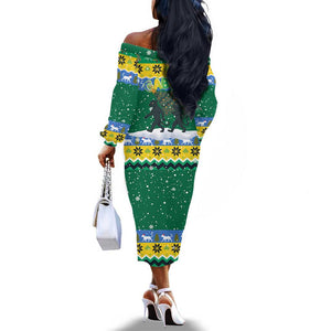 Gabon Christmas Off The Shoulder Long Sleeve Dress Black Panthers Carrying Tree and Snowflake - African Pride