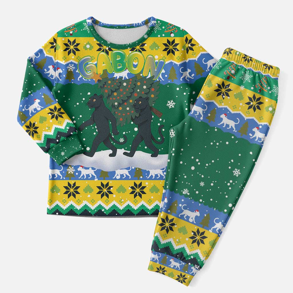 Gabon Christmas Pajama Set Black Panthers Carrying Tree and Snowflake - African Pride