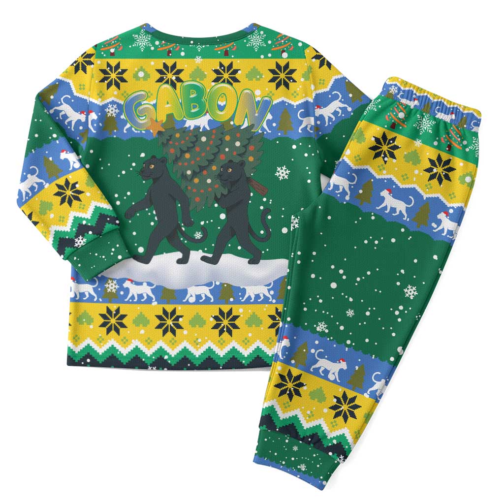 Gabon Christmas Pajama Set Black Panthers Carrying Tree and Snowflake - African Pride