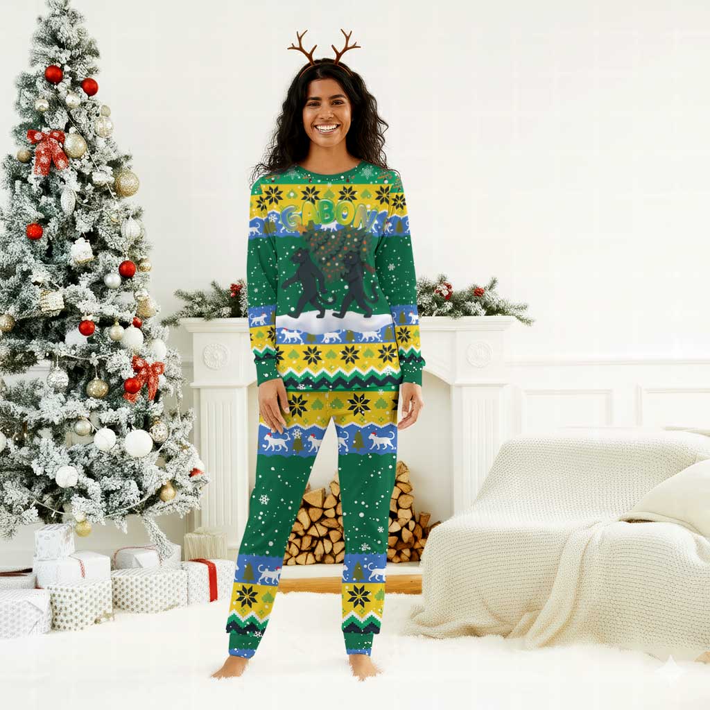 Gabon Christmas Pajama Set Black Panthers Carrying Tree and Snowflake - African Pride