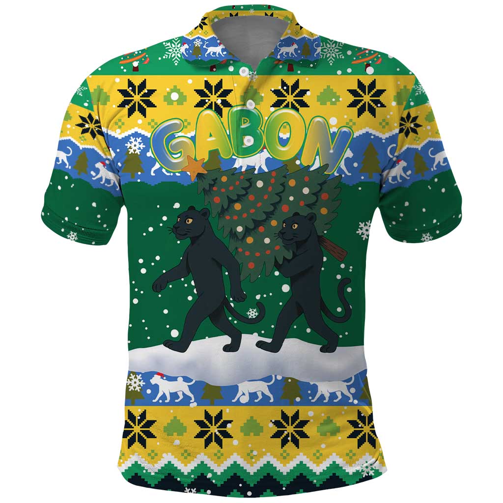 Gabon Christmas Polo Shirt Black Panthers Carrying Tree and Snowflake - African Pride