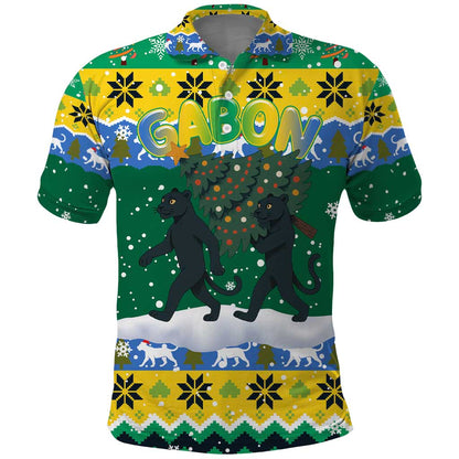 Gabon Christmas Polo Shirt Black Panthers Carrying Tree and Snowflake - African Pride