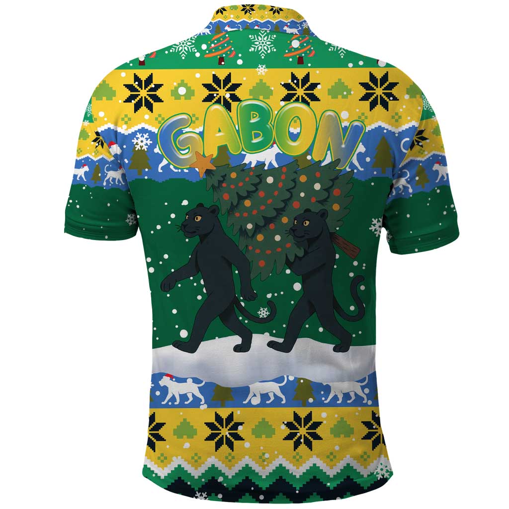 Gabon Christmas Polo Shirt Black Panthers Carrying Tree and Snowflake - African Pride