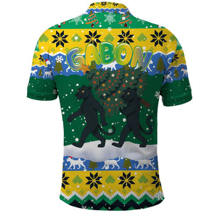 Gabon Christmas Polo Shirt Black Panthers Carrying Tree and Snowflake - African Pride