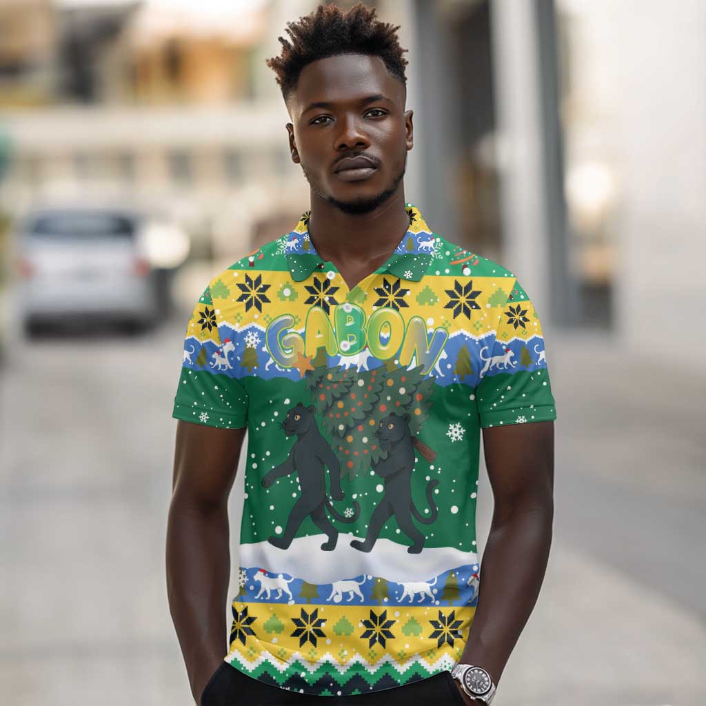 Gabon Christmas Polo Shirt Black Panthers Carrying Tree and Snowflake - African Pride