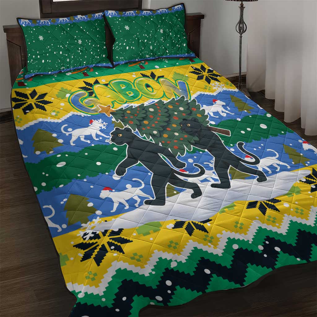 Gabon Christmas Quilt Bed Set Black Panthers Carrying Tree and Snowflake - African Pride