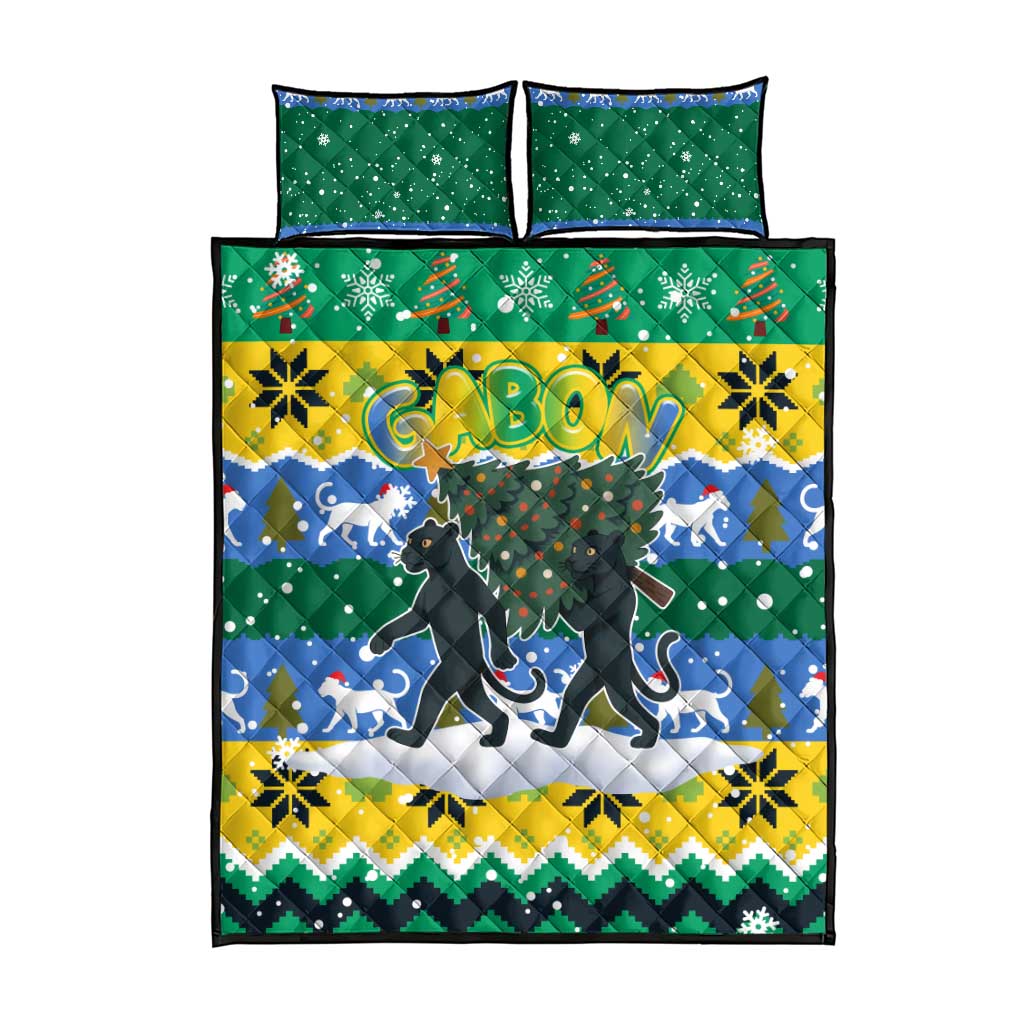 Gabon Christmas Quilt Bed Set Black Panthers Carrying Tree and Snowflake - African Pride