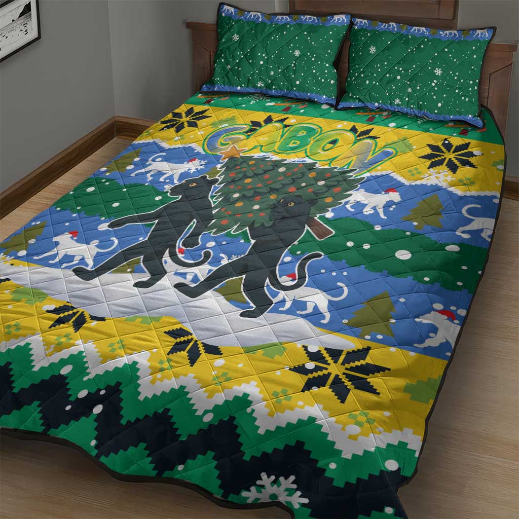Gabon Christmas Quilt Bed Set Black Panthers Carrying Tree and Snowflake - African Pride
